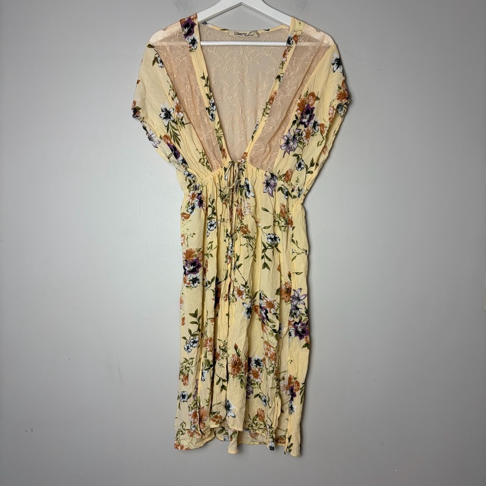 Liberty Love Lace Cream Floral Open‎ Tie Waist Kimono Women's Medium